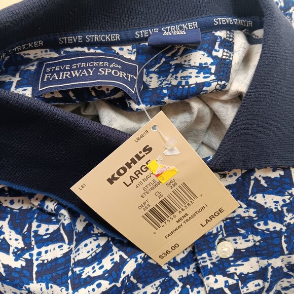 NEW Men's Polo Shirt Large Golf Steve Stricker Fairway Sport Blue White Print - Picture 5 of 5